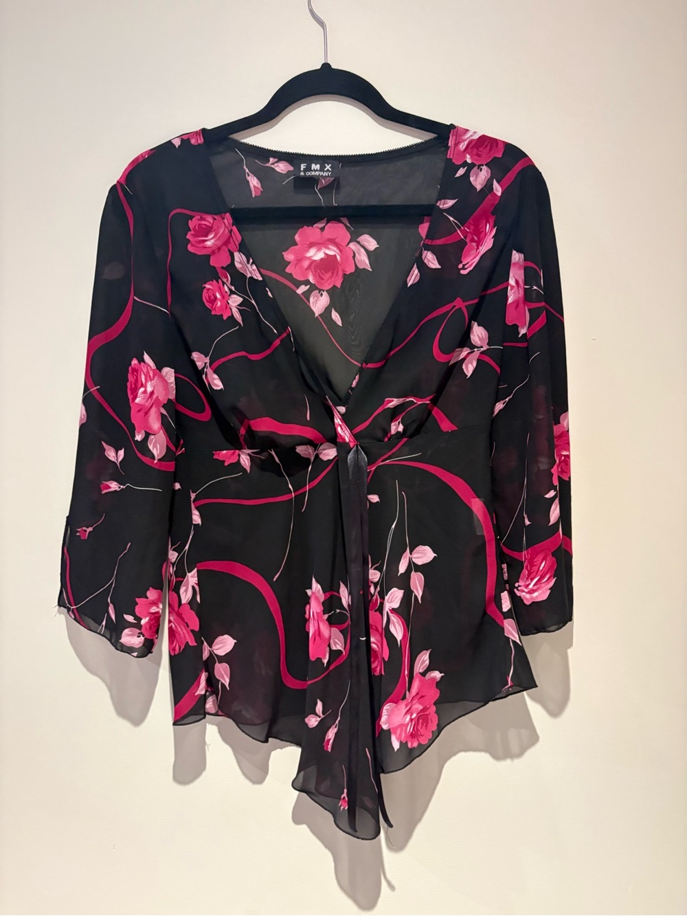 1990’s Black Sheer Floral Tie-Front Blouse in Pink